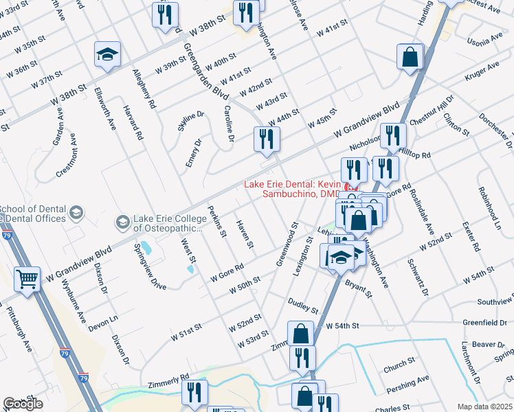 map of restaurants, bars, coffee shops, grocery stores, and more near 4726-4802 Conway Street in Erie