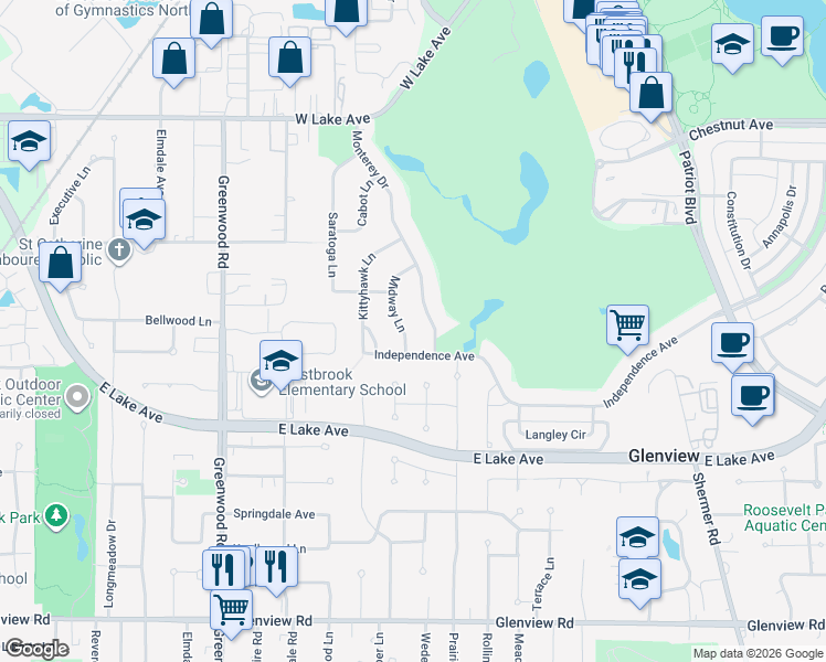 map of restaurants, bars, coffee shops, grocery stores, and more near 1416 Midway Lane in Glenview