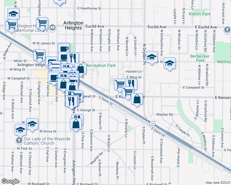 map of restaurants, bars, coffee shops, grocery stores, and more near 605 East Kensington Road in Mount Prospect