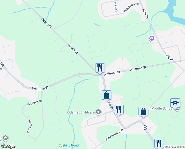map of restaurants, bars, coffee shops, grocery stores, and more near 693 Whitman Street in Hanson