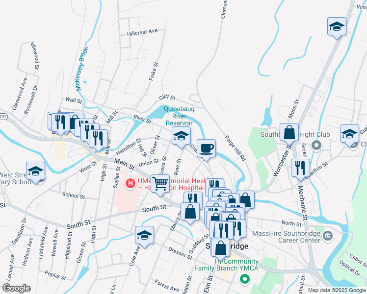 map of restaurants, bars, coffee shops, grocery stores, and more near 306 Hamilton Street in Southbridge