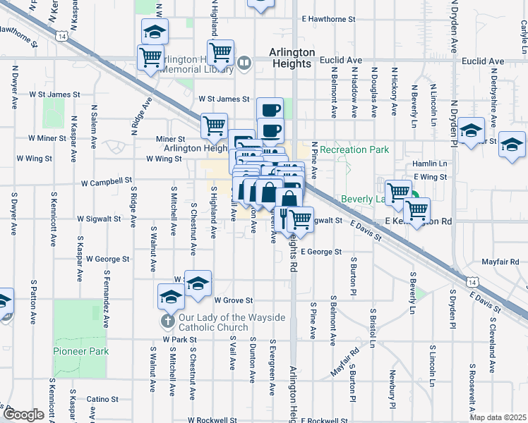 map of restaurants, bars, coffee shops, grocery stores, and more near 41 South Dunton Avenue in Arlington Heights