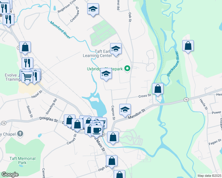 map of restaurants, bars, coffee shops, grocery stores, and more near 62 Capron Street in Uxbridge