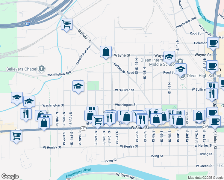 map of restaurants, bars, coffee shops, grocery stores, and more near West Sullivan Street in Olean