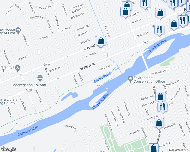 map of restaurants, bars, coffee shops, grocery stores, and more near 733 Winsor Avenue in Elmira
