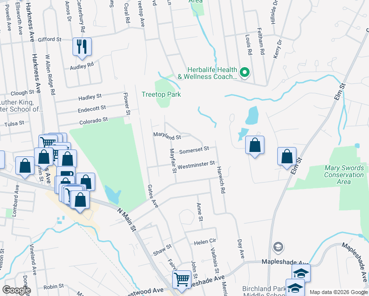 map of restaurants, bars, coffee shops, grocery stores, and more near 14 Somerset Street in East Longmeadow