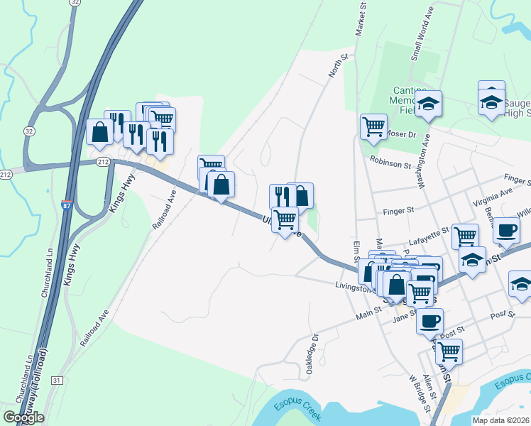 map of restaurants, bars, coffee shops, grocery stores, and more near 168 Ulster Avenue in Saugerties