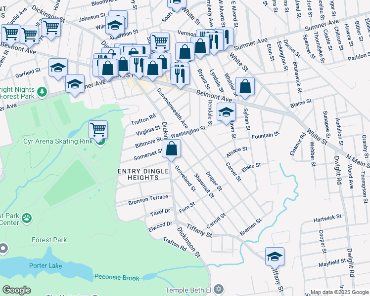 map of restaurants, bars, coffee shops, grocery stores, and more near 46-48 Shawmut Street in Springfield