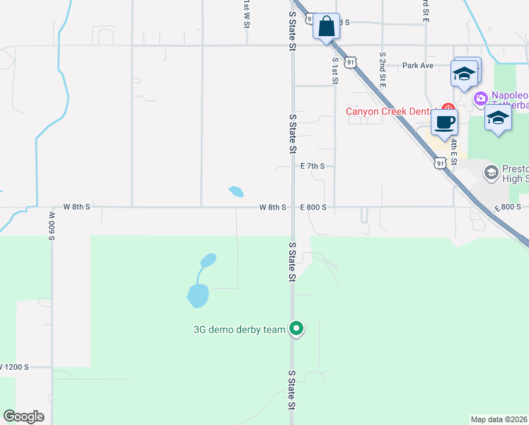 map of restaurants, bars, coffee shops, grocery stores, and more near 83 West 8th South in Preston