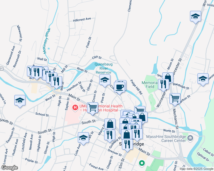 map of restaurants, bars, coffee shops, grocery stores, and more near 306 Hamilton Street in Southbridge