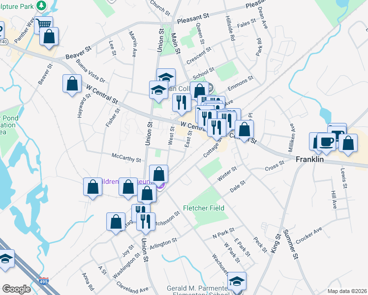 map of restaurants, bars, coffee shops, grocery stores, and more near 56 East Street in Franklin