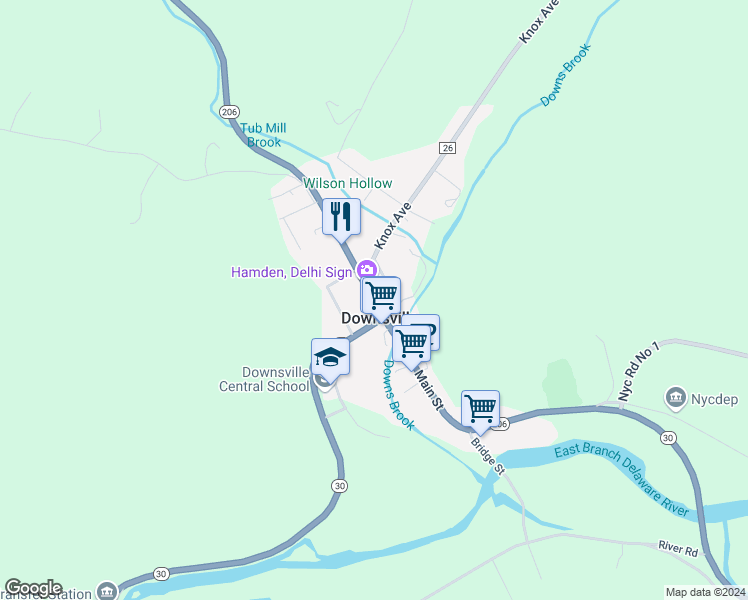 map of restaurants, bars, coffee shops, grocery stores, and more near in Downsville