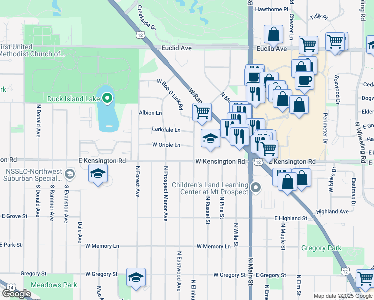 map of restaurants, bars, coffee shops, grocery stores, and more near 400 West Kensington Road in Mount Prospect