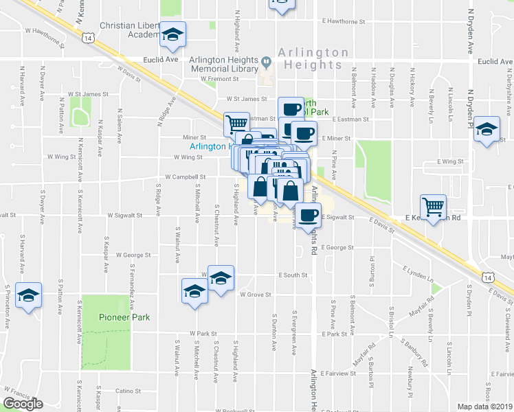 map of restaurants, bars, coffee shops, grocery stores, and more near 2121 South Goebbert Road in Arlington Heights