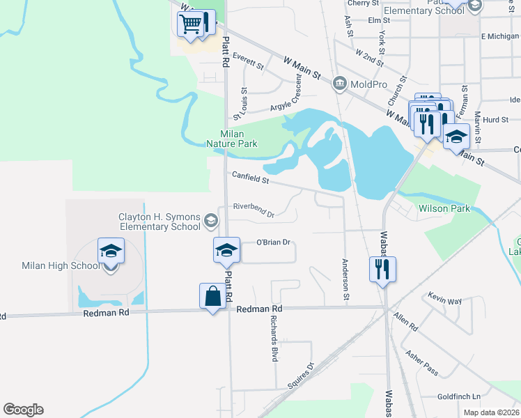 map of restaurants, bars, coffee shops, grocery stores, and more near 386 Riverbend Dr in Milan