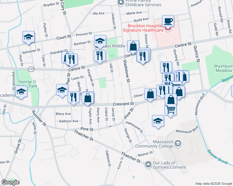 map of restaurants, bars, coffee shops, grocery stores, and more near 96 Hill Street in Brockton