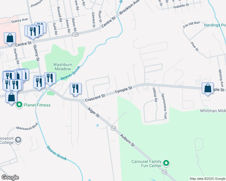 map of restaurants, bars, coffee shops, grocery stores, and more near 1019 Massachusetts 27 in Brockton