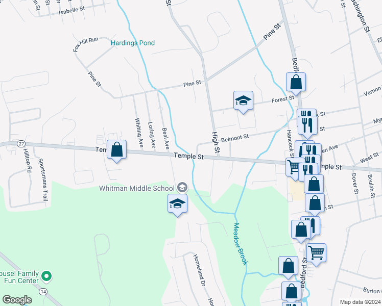 map of restaurants, bars, coffee shops, grocery stores, and more near 555 Temple Street in Whitman