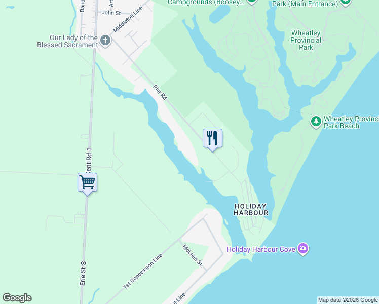 map of restaurants, bars, coffee shops, grocery stores, and more near 21060 Pier Road in Wheatley