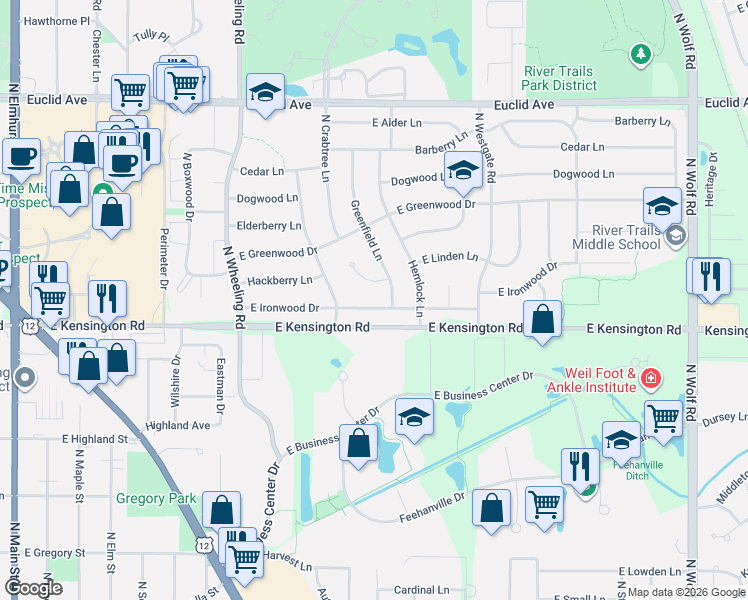 map of restaurants, bars, coffee shops, grocery stores, and more near 915 East Ironwood Drive in Mount Prospect
