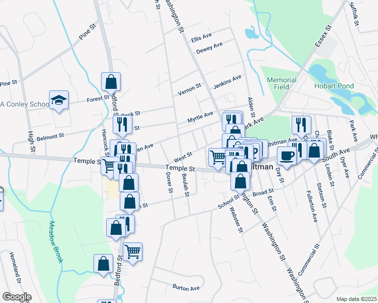 map of restaurants, bars, coffee shops, grocery stores, and more near 107 Temple Street in Whitman