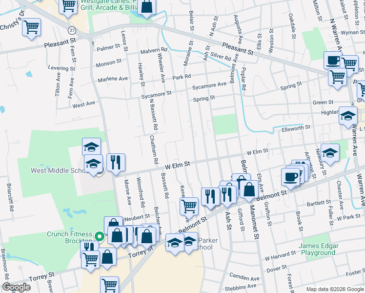map of restaurants, bars, coffee shops, grocery stores, and more near 14 Auna Drive in Brockton