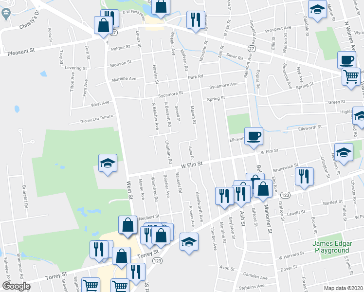map of restaurants, bars, coffee shops, grocery stores, and more near 116 Chatham Road in Brockton