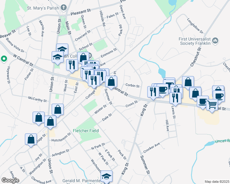 map of restaurants, bars, coffee shops, grocery stores, and more near 94 East Central Street in Franklin