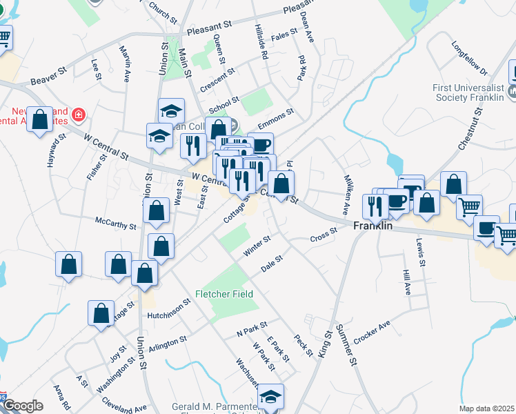 map of restaurants, bars, coffee shops, grocery stores, and more near 32 Cottage Street in Franklin