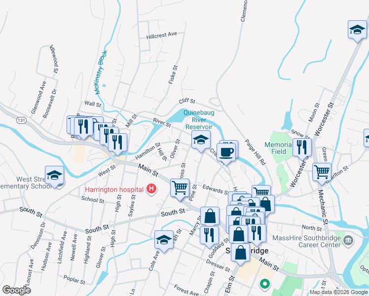 map of restaurants, bars, coffee shops, grocery stores, and more near 60 Cross Street in Southbridge