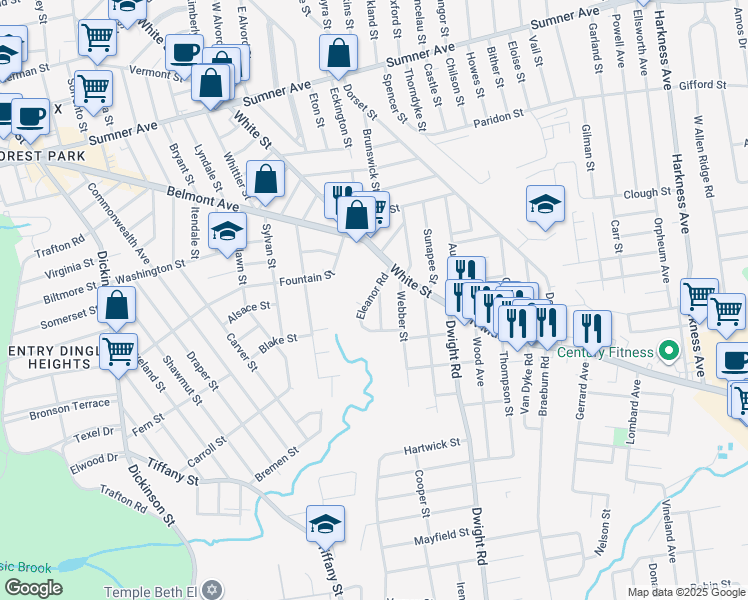 map of restaurants, bars, coffee shops, grocery stores, and more near 42 Ruskin Street in Springfield