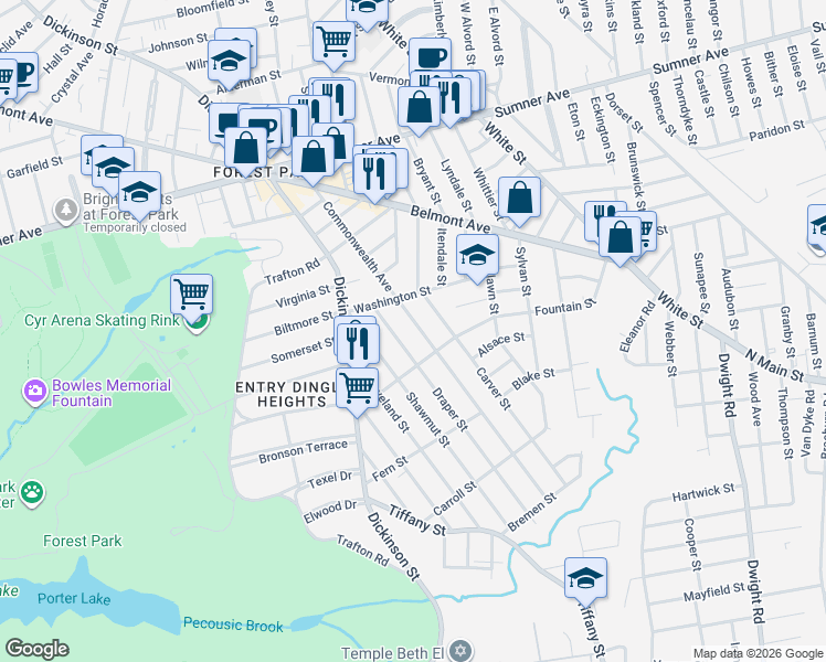 map of restaurants, bars, coffee shops, grocery stores, and more near 61-63 Draper Street in Springfield