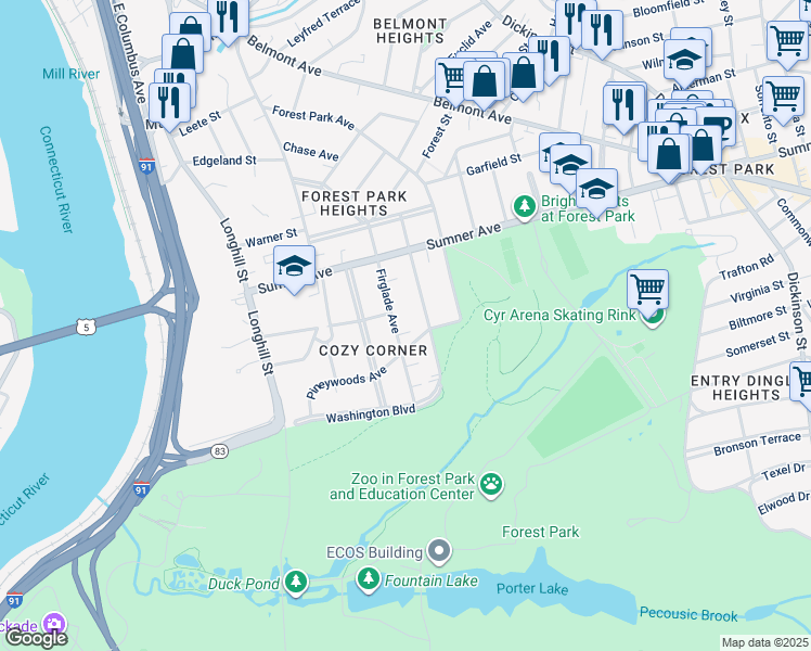 map of restaurants, bars, coffee shops, grocery stores, and more near 151 Pineywoods Avenue in Springfield