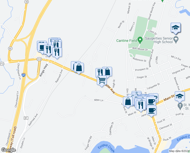 map of restaurants, bars, coffee shops, grocery stores, and more near 168 Ulster Avenue in Saugerties
