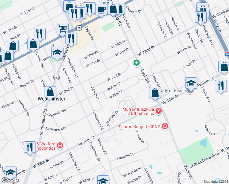 map of restaurants, bars, coffee shops, grocery stores, and more near 2835 W 35th St in Erie