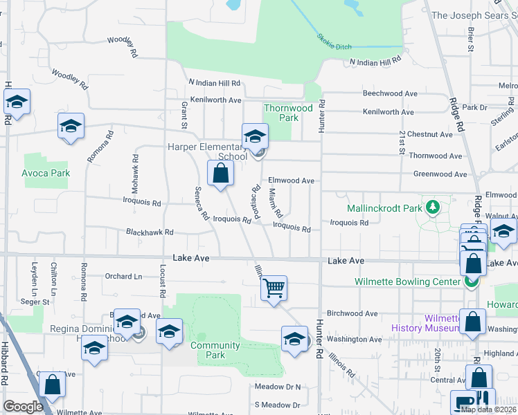 map of restaurants, bars, coffee shops, grocery stores, and more near 1011 Pontiac Road in Wilmette