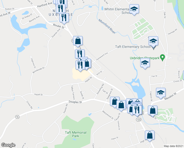 map of restaurants, bars, coffee shops, grocery stores, and more near 139 North Main Street in Uxbridge