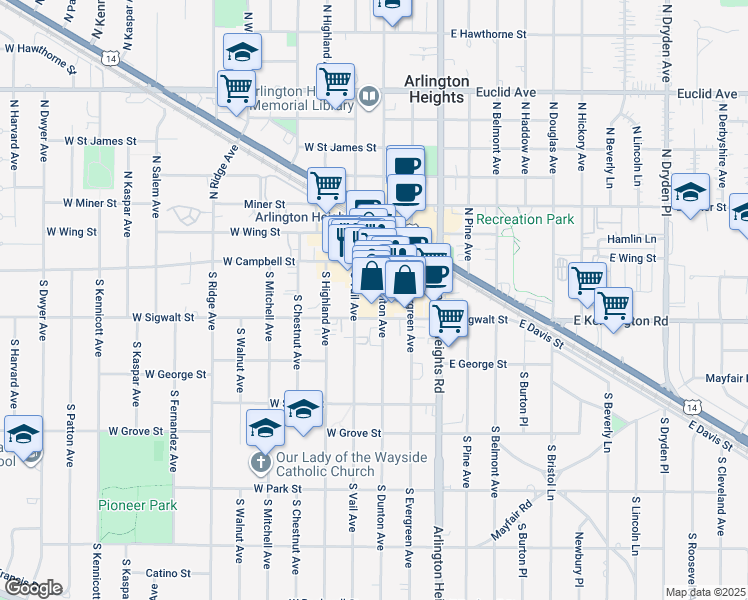map of restaurants, bars, coffee shops, grocery stores, and more near 105 South Vail Avenue in Arlington Heights