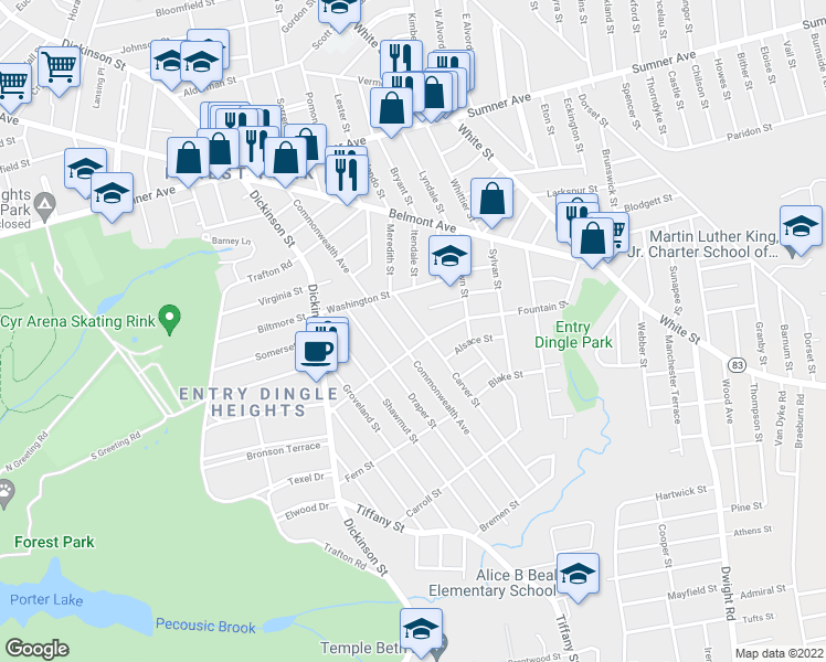 map of restaurants, bars, coffee shops, grocery stores, and more near 42-44 Carver Street in Springfield
