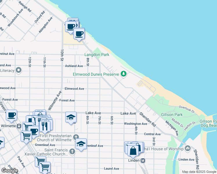 map of restaurants, bars, coffee shops, grocery stores, and more near 611 Elmwood Avenue in Wilmette