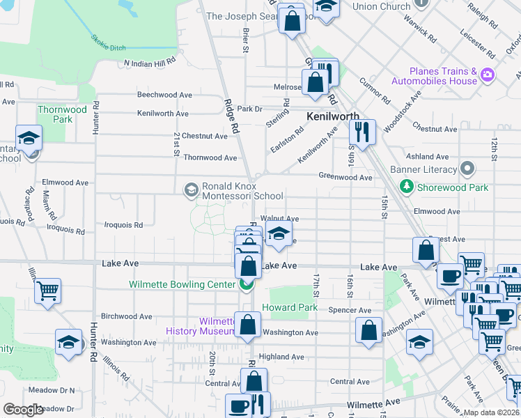 map of restaurants, bars, coffee shops, grocery stores, and more near 1817 Walnut Avenue in Wilmette