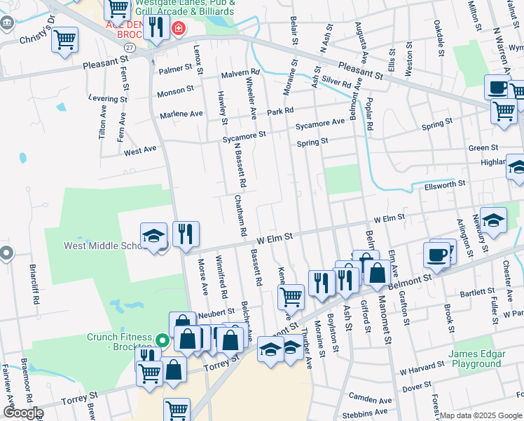 map of restaurants, bars, coffee shops, grocery stores, and more near 49 West Elm Terrace in Brockton