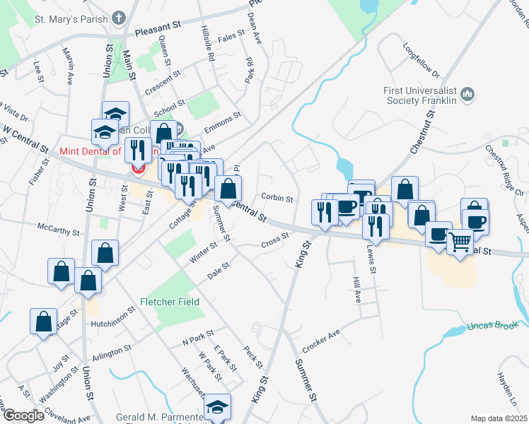 map of restaurants, bars, coffee shops, grocery stores, and more near 103 East Central Street in Franklin