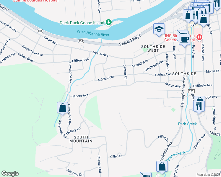 map of restaurants, bars, coffee shops, grocery stores, and more near 99 Moore Avenue in Binghamton