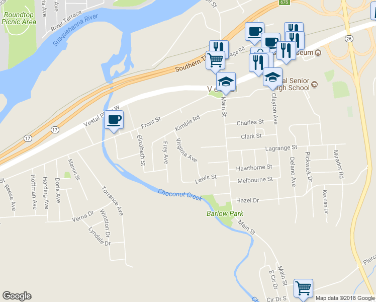 map of restaurants, bars, coffee shops, grocery stores, and more near 401 Virginia Avenue in Vestal