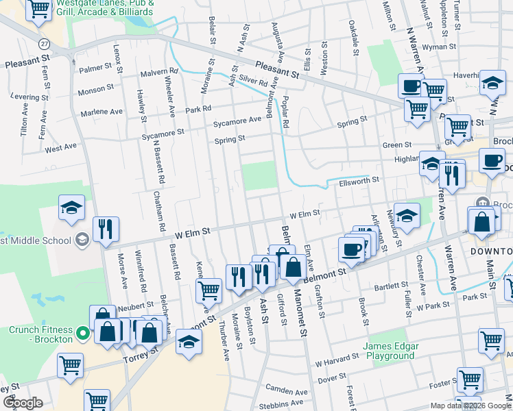 map of restaurants, bars, coffee shops, grocery stores, and more near 7 North Byron Avenue in Brockton