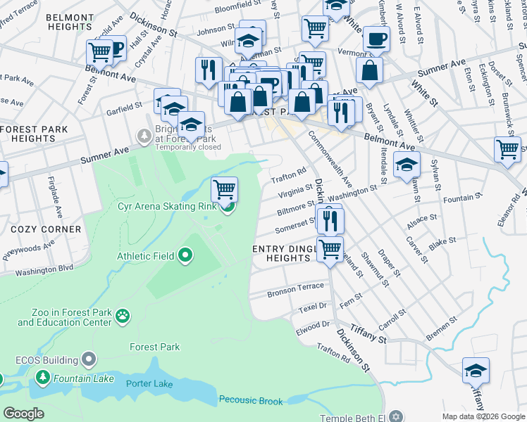 map of restaurants, bars, coffee shops, grocery stores, and more near 92-94 Somerset Street in Springfield