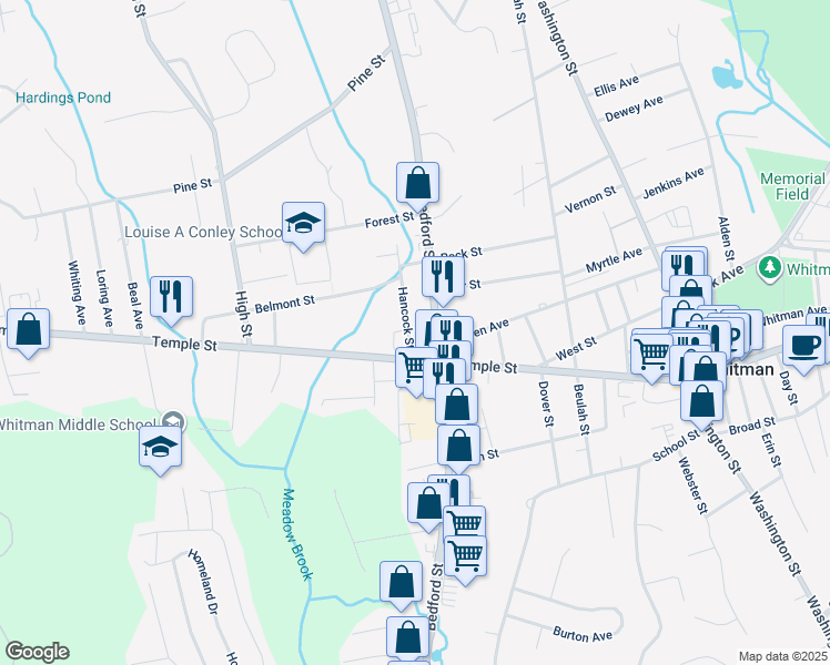 map of restaurants, bars, coffee shops, grocery stores, and more near 306 Temple Street in Whitman