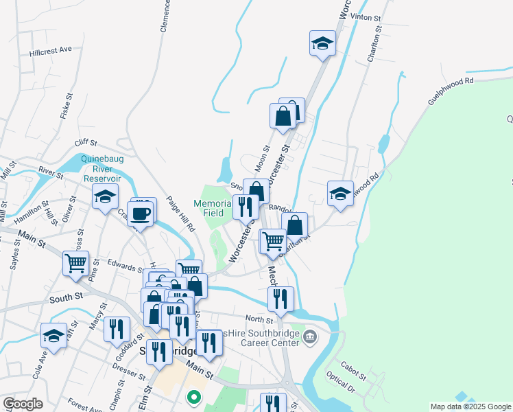 map of restaurants, bars, coffee shops, grocery stores, and more near Worcester St Worcester Street in Southbridge