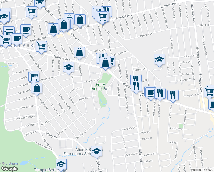 map of restaurants, bars, coffee shops, grocery stores, and more near 42 Ruskin Street in Springfield